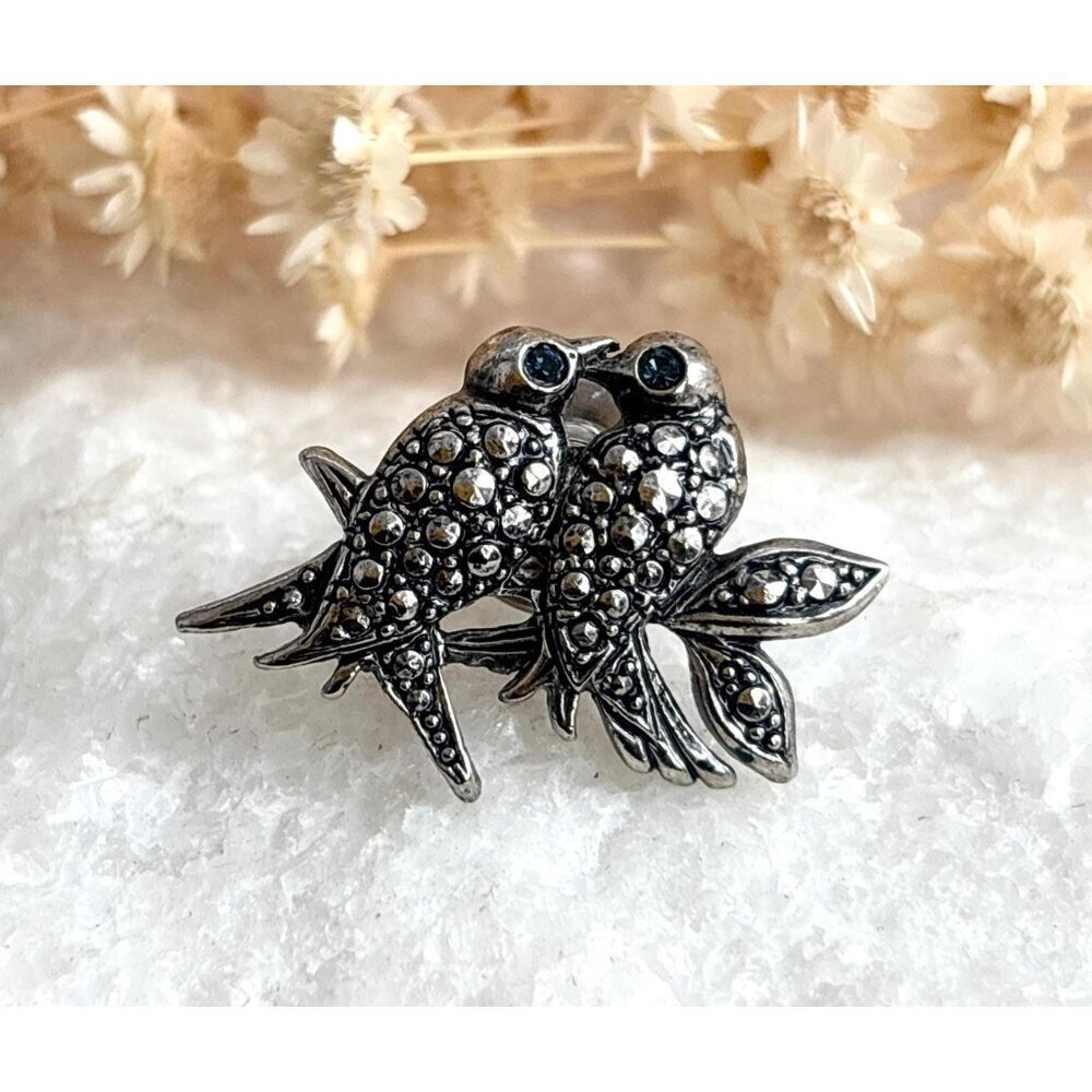 Perched Birds Kissing Figural Marcasite Accented Vintage Costume Jewelry Brooch